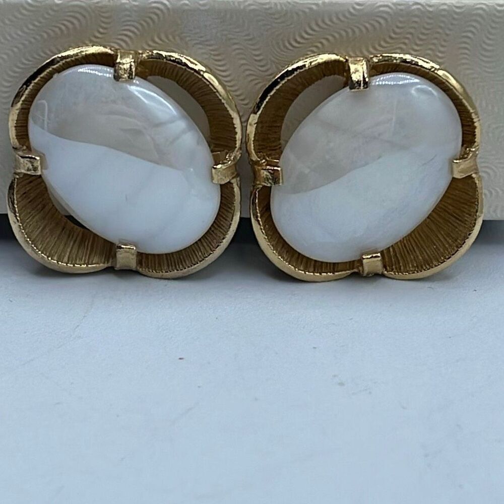 Midcentury gold tone Large white cabochon  earrings.